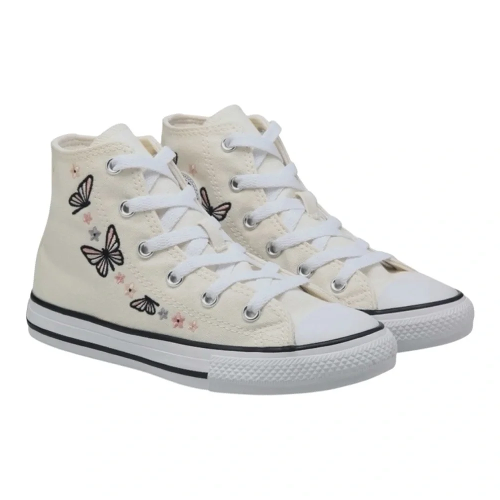 Converse Kids High Top Boots in Cream with Black and Pink Butterfly Embroidery